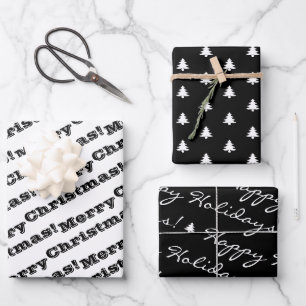 Black White Merry Christmas Happy Holidays Wrapping Paper Sheet
