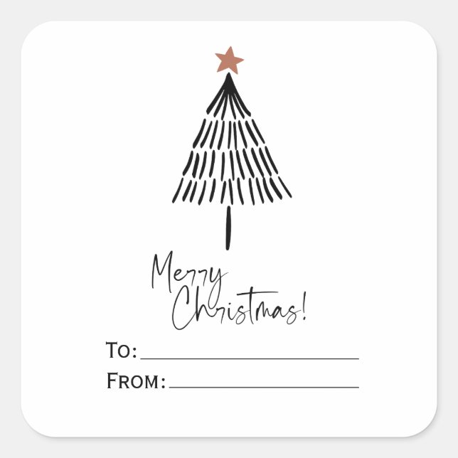 Black White Merry Christmas Tree Hand Drawn Square Sticker (Front)