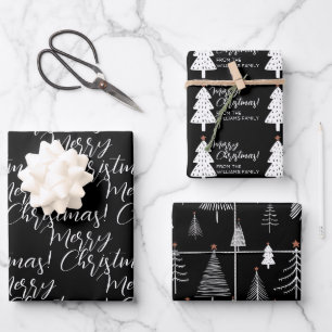 Black White Merry Christmas Tree Name Wrapping  Paper Sheet