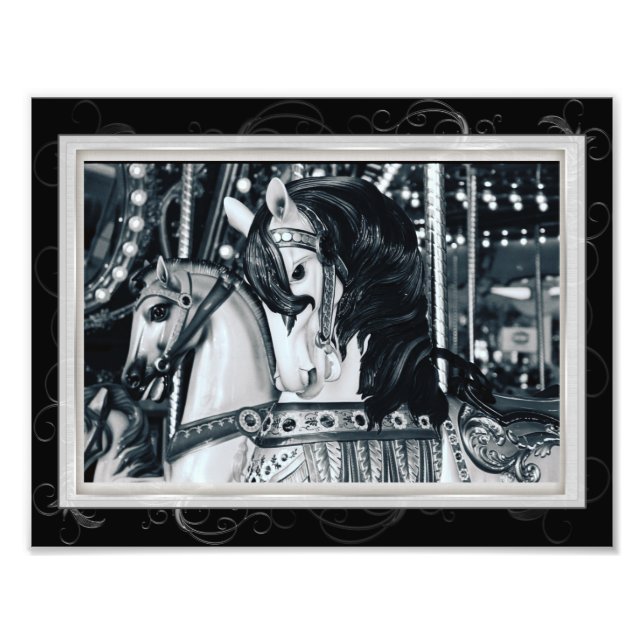 Black White Merry Go Round Carousel Horses Photo (Front)