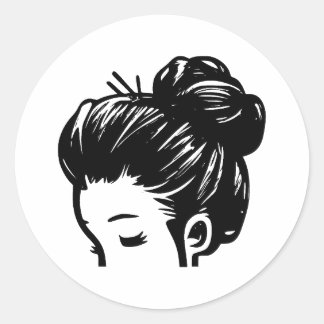 Black & White Messy Bun Artwork Classic Round Sticker