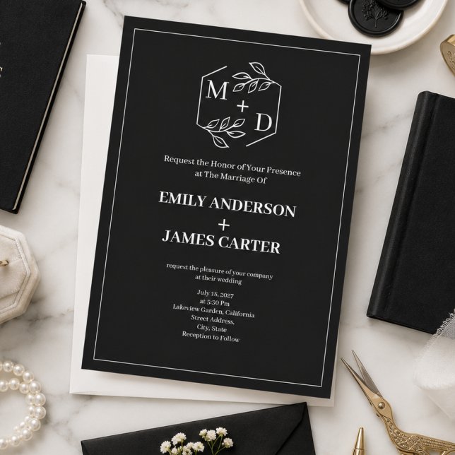 Black White Minimal Botanical Monogram Wedding  Invitation (Black White Minimal Botanical Monogram Wedding Invitation)