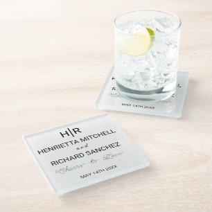 Black & White Minimal Clean Monogram Wedding Glass Coaster