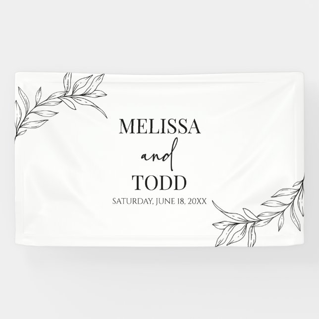 Black White Minimal Minimalist Branch Leaf Wedding Banner (Horizontal)