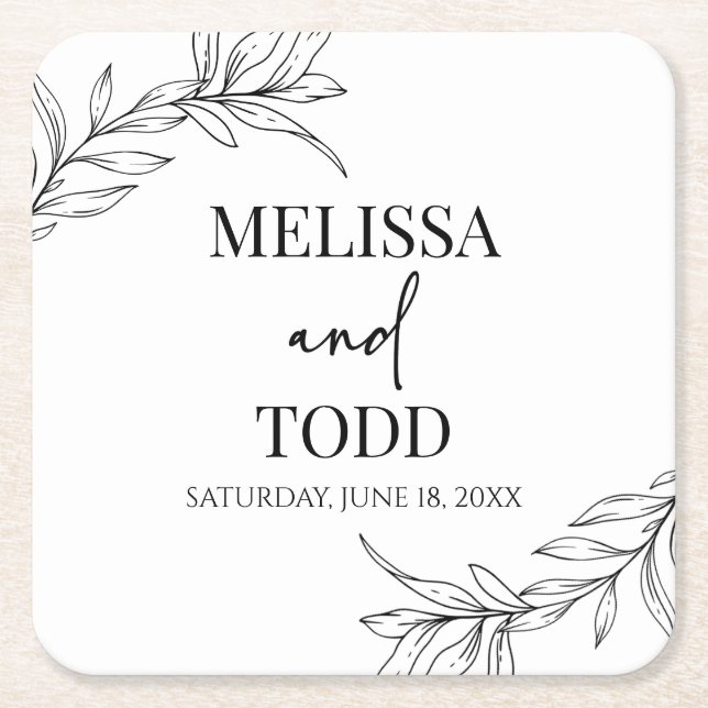 Black White Minimal Minimalist Branch Leaf Wedding Square Paper Coaster (Front)