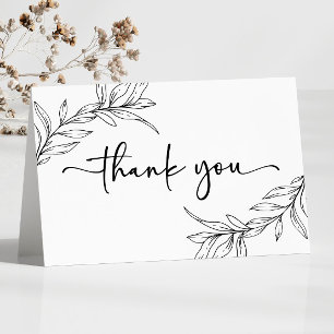 Black White Minimal Minimalist Branch Leaf Wedding Thank You Card