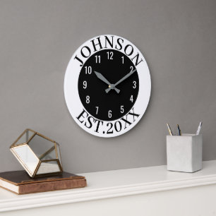 Black & White Minimal Personalized Family Name Est Large Clock