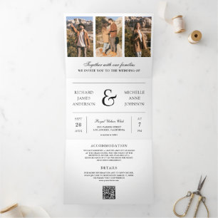 Black White Minimal Photo Collage QR Code Wedding Tri-Fold Invitation