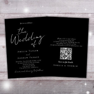 Black White Minimal Script Elegant QR Code Wedding Invitation