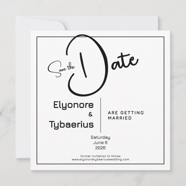 Black & White Minimal Square Wedding Save the Date Card (Front)