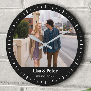 Black & White Minimal Valentine Wedding Large Clock