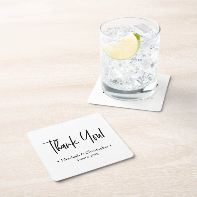 Black White Minimal Wedding Thank You favour Square Paper Coaster (Insitu)