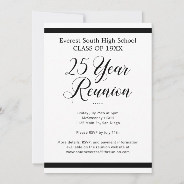 Black White Minimalist 25 Year Class Reunion Invitation (Front)