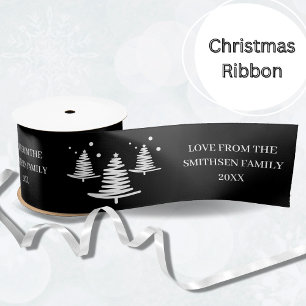Black White Minimalist Christmas Trees Satin Ribbon