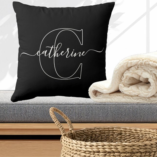 Black White Minimalist Elegant Script Monogram Cushion (Custom First Name Initial Monogram Minimalist Typography Black Throw Pillow)