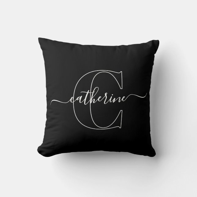 Black White Minimalist Elegant Script Monogram Cushion (Front)