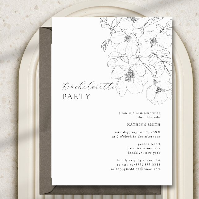 Black White Minimalist Floral Bachelorette Party Invitation (Creator Uploaded)