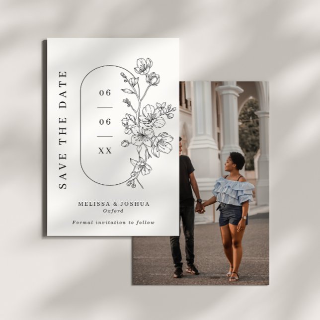 Black & White Minimalist Floral Photo Wedding Save The Date (Creator Uploaded)