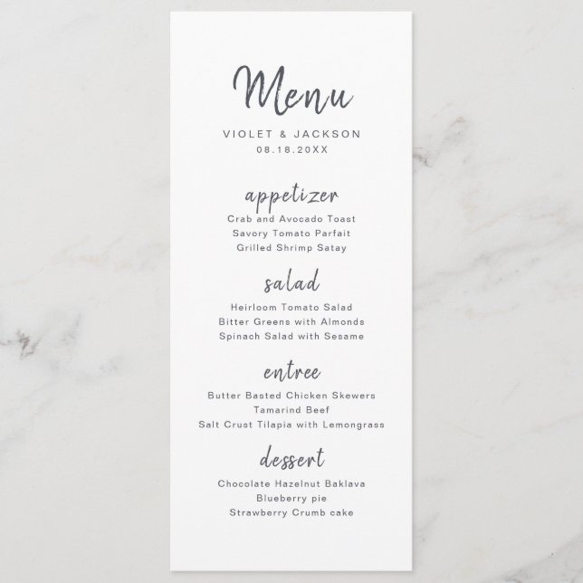 Black white minimalist handwritten script wedding menu (Front)