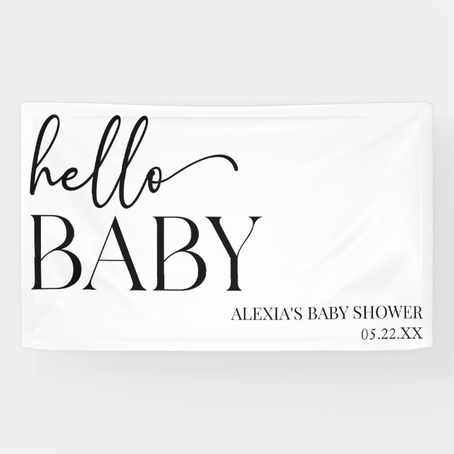 Black White Minimalist Hello Baby Baby Shower Banner (Horizontal)