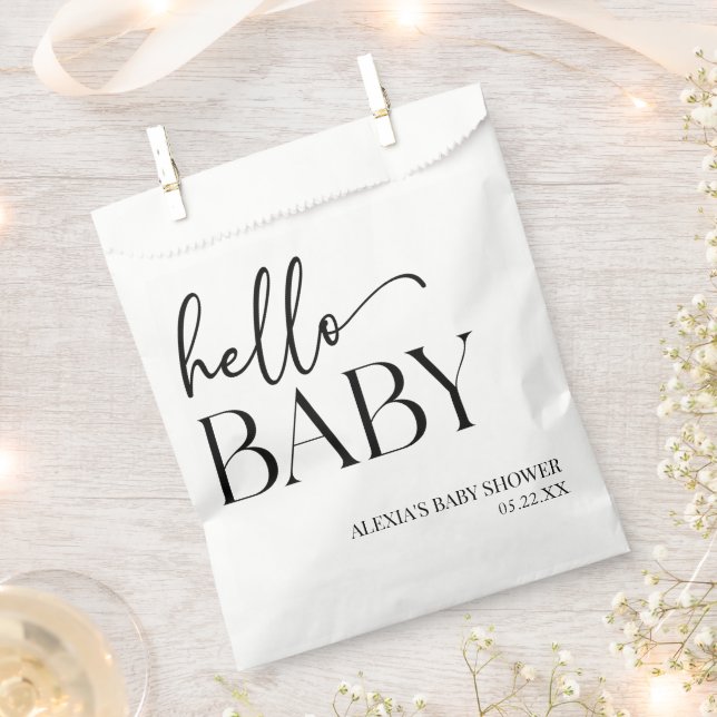 Black White Minimalist Hello Baby Baby Shower Favour Bags (Clipped)
