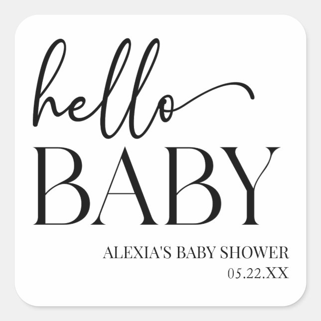 Black White Minimalist Hello Baby Baby Shower Square Sticker (Front)