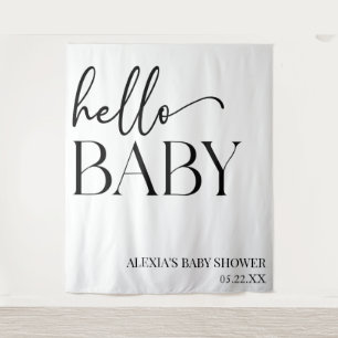 Black White Minimalist Hello Baby Baby Shower Tapestry