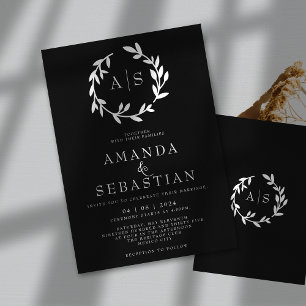 Black & White Minimalist Leaves Elegant Wedding Invitation