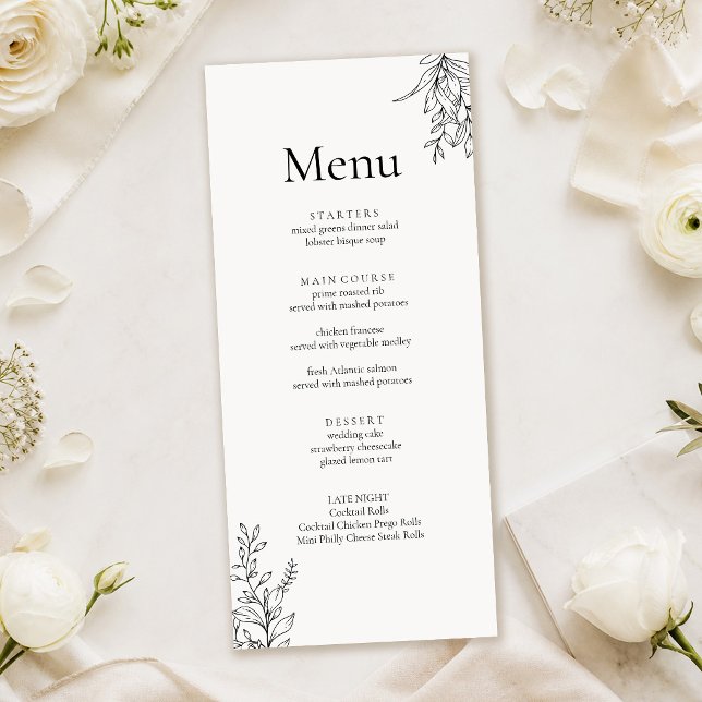 Black & White Minimalist Line Art Wedding Menu (Black & White Minimalist Line Art Wedding Menu on a white table with white flowers and wedding decor)