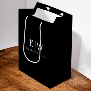 Black White Minimalist Modern Monogram Elegant Medium Gift Bag