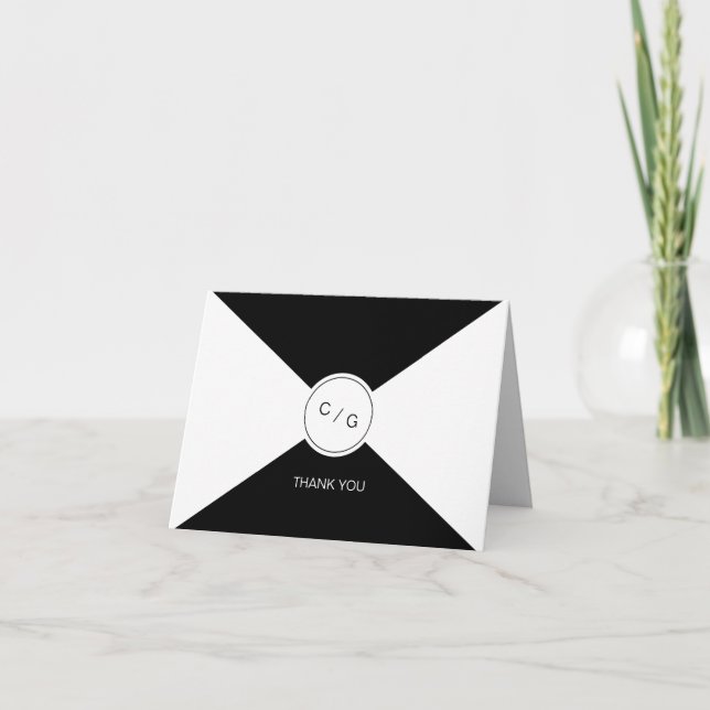 Black white minimalist modern wedding thank you card (Front)