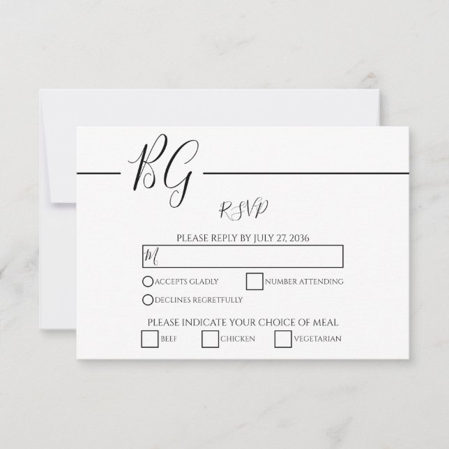 Black & White Minimalist Monogram Wedding RSVP Card (Front)