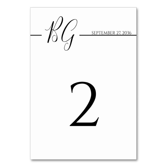 Black & White Minimalist Monogram Wedding Table Number (Front)