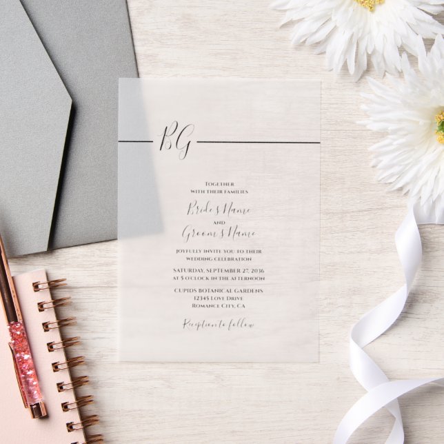 Black & White Minimalist Monogram Wedding Vellum Invitations (Wedding)