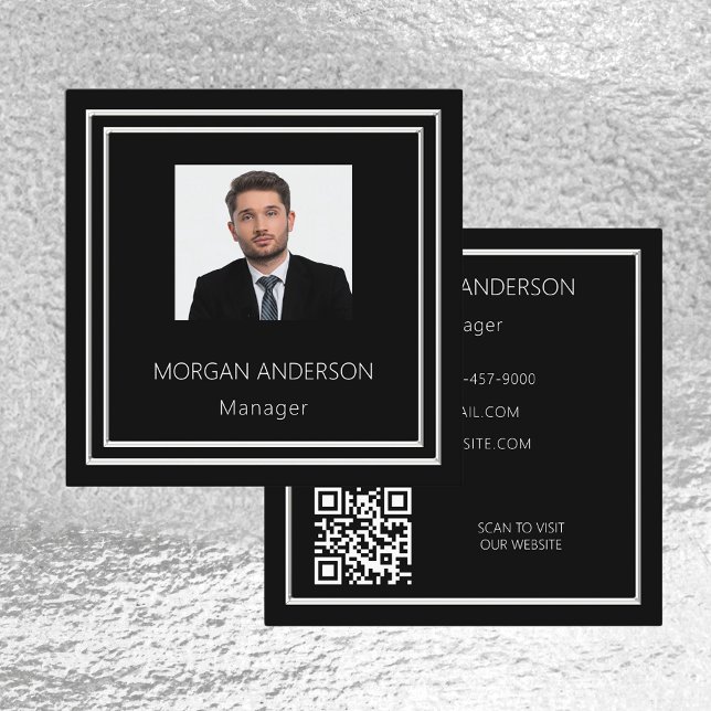 Black white minimalist photo QR code Square Business Card (Creator Uploaded)