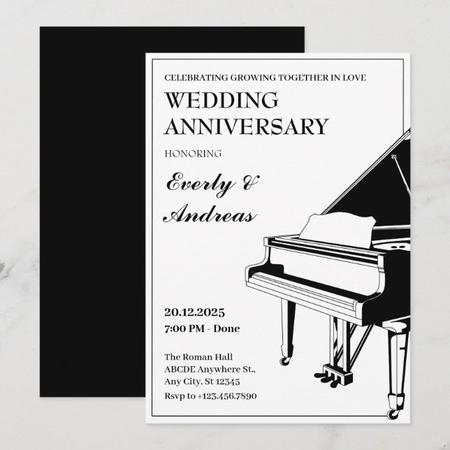 Black white minimalist Piano Wedding Anniversary Invitation (Front/Back)