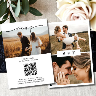 Black & White Minimalist QR code Photo Wedding RSVP Card
