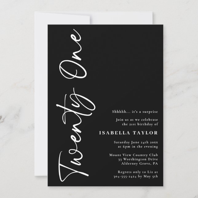 Black White Minimalist Script 21st Birthday Invitation (Front)