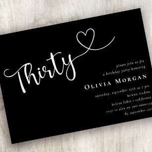 Black White Minimalist Script 30th Birthday Invitation