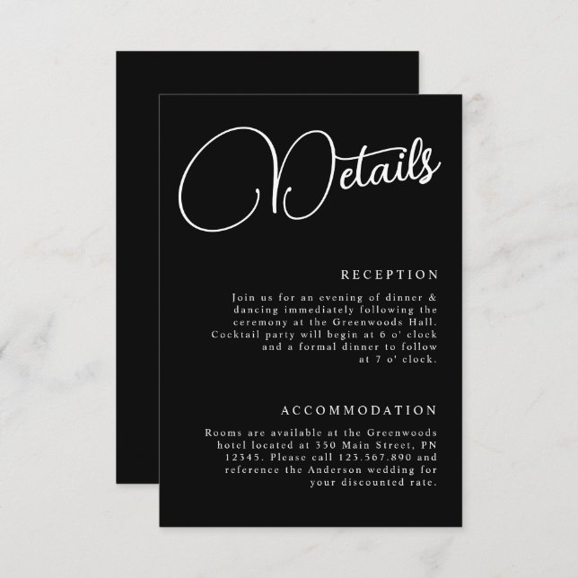 Black & White Minimalist Script Details Wedding Enclosure Card (Front/Back)