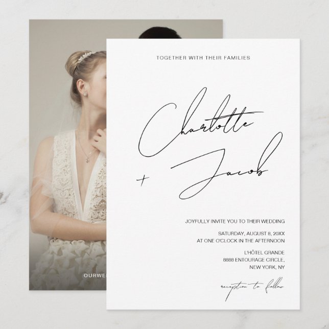 Black white Minimalist Script Photo Modern Wedding Invitation (Front/Back)