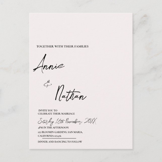 Black White Minimalist Script Wedding Invitation Postcard (Front)