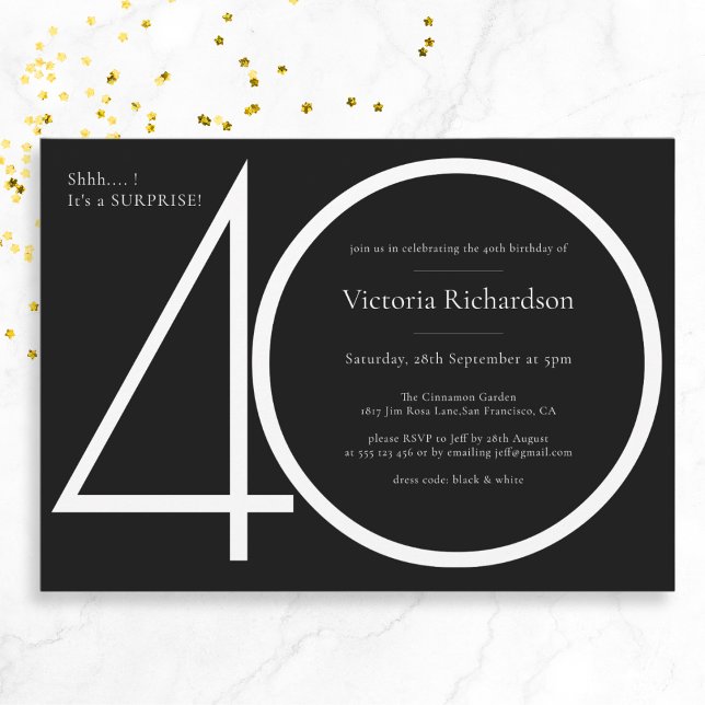 Black White Minimalist Surprise 40th Birthday Invitation (Mockup View)