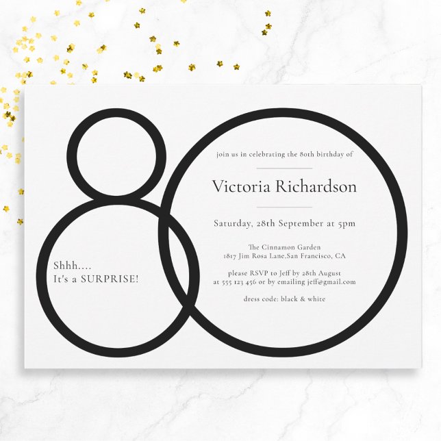 Black White Minimalist Surprise 80th Birthday Invitation (Mockup View)