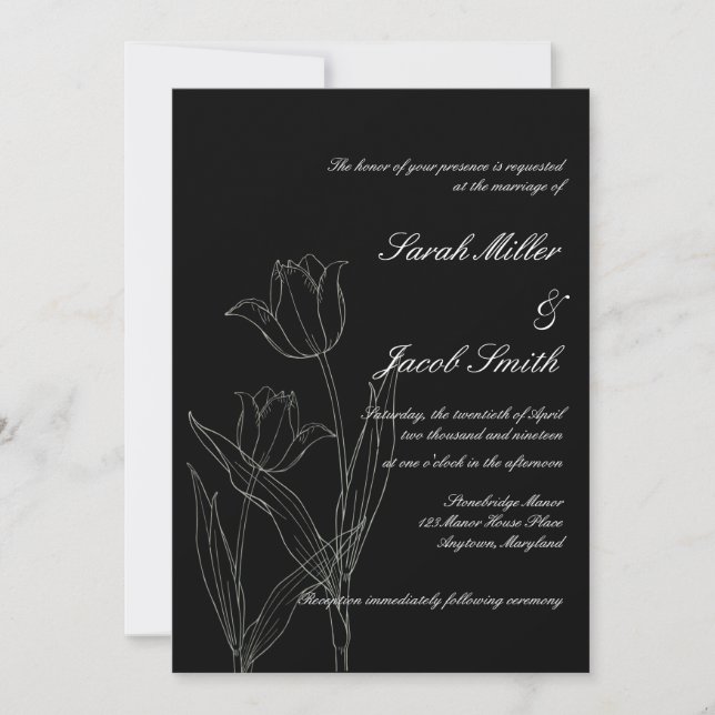 Black & White Minimalist Tulip Wedding Invitation (Front)