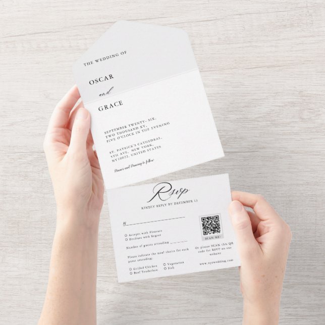 Black & White Minimalist Wedding Qr Code RSVP All In One Invitation (Tearaway)