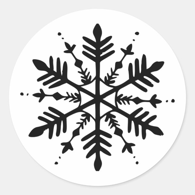 Black & White Minimalistic Graphic Snowflake Classic Round Sticker (Front)