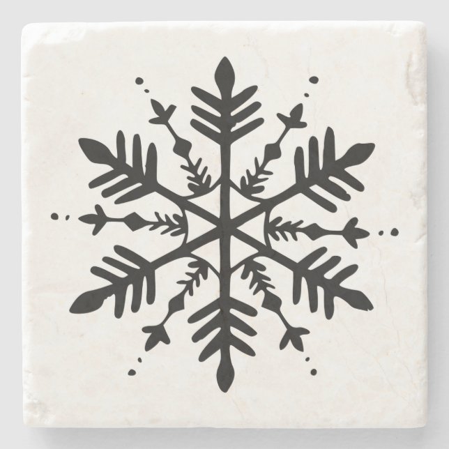 Black & White Minimalistic Graphic Snowflake Stone Coaster (Front)