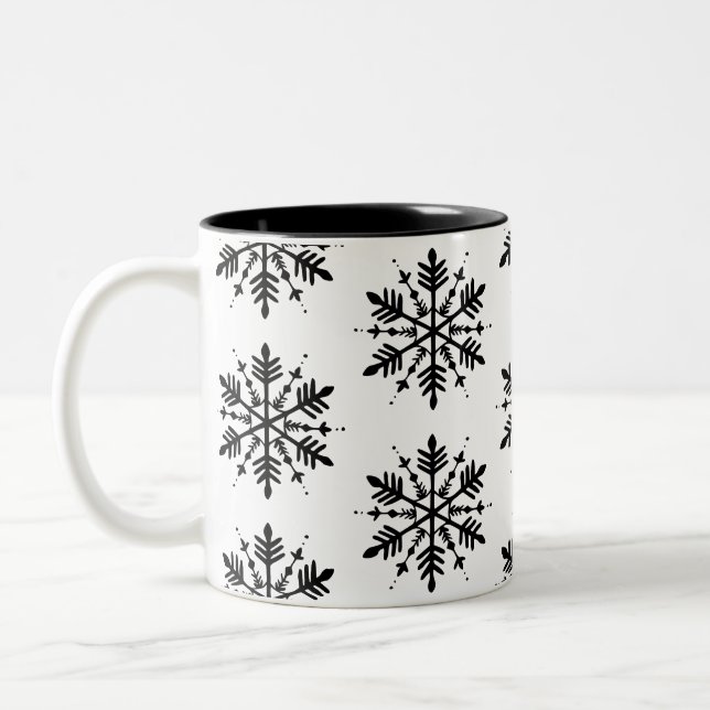 Black & White Minimalistic Graphic Snowflake Two-Tone Coffee Mug (Left)