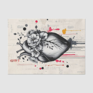 Black & White Mixed Media Heart Decoupage  Tissue Paper